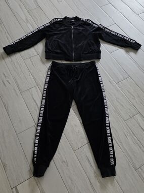 bebe Black Velour 2-Piece Logo Tracksuit Zip Jacket & Pants size L